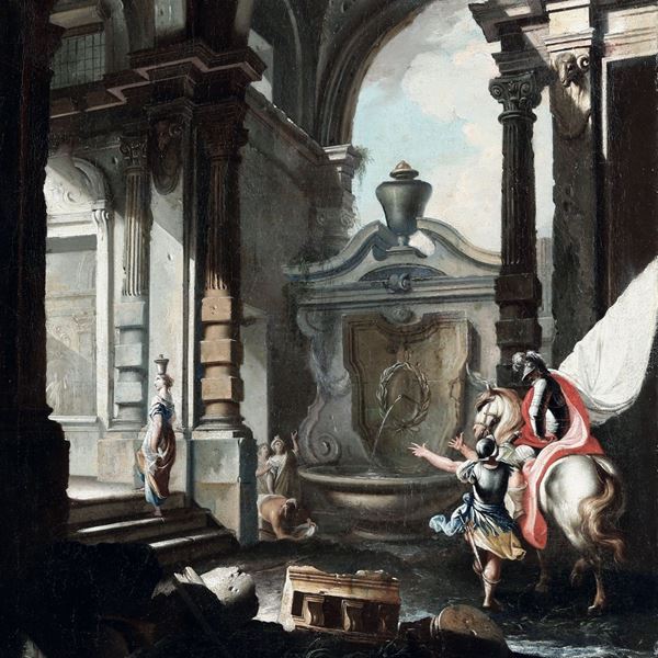 Scuola emiliana del XVIII secolo Capriccio architettonico con cavaliere e donne presso una fontana