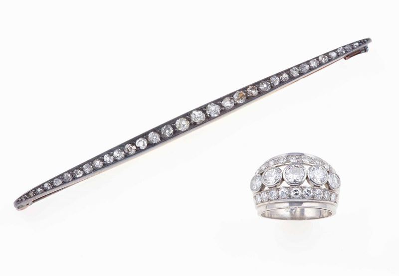 Old-cut diamond and platinum ring and old-cut diamond, gold and silver brooch  - Auction Fine Jewels - Cambi Casa d'Aste