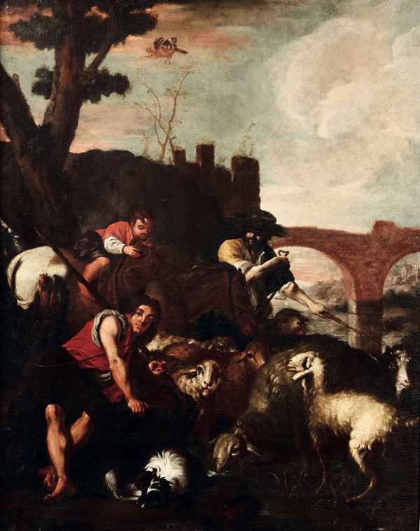 Philipp Peter Roos detto Rosa da Tivoli (Francoforte sul Meno 1655 - Tivoli 1706), ambito di Paesaggio con pastori, armenti e upupa