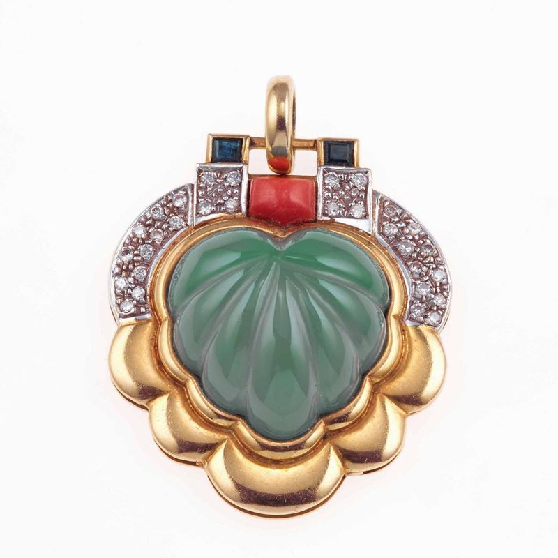Pendente con agata verde, corallo, piccoli zaffiri e diamanti taglio huit-huit  - Auction Fine Coral Jewels - II - Cambi Casa d'Aste