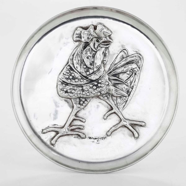 Gallo in argento 925 fuso. Firmato Minguzzi. Argenteria artistica italiana del XX secolo