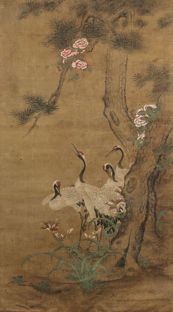 Grande dipinto su seta raffigurante gru con peonie in fiore, Cina, Dinastia Qing, XIX secolo