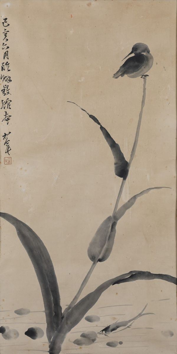Dipinto su carta raffigurante soggetto naturalistico con uccellino, pesce e iscrizione, Cina, Dinastia Qing, inizio XX secolo