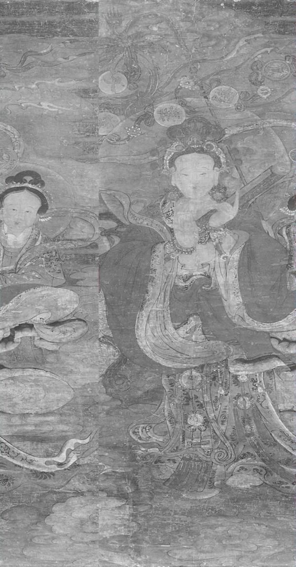 Grande dipinto su seta raffigurante Guanyin con fanciulli, Cina, Dinastia Qing, XVII secolo
