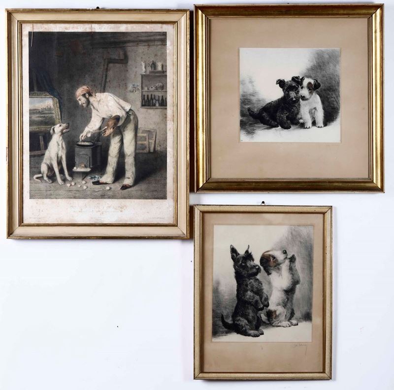 Lotto di tre incisioni raffiguranti cani, XX secolo  - Auction Antiques | Time Auction - Cambi Casa d'Aste