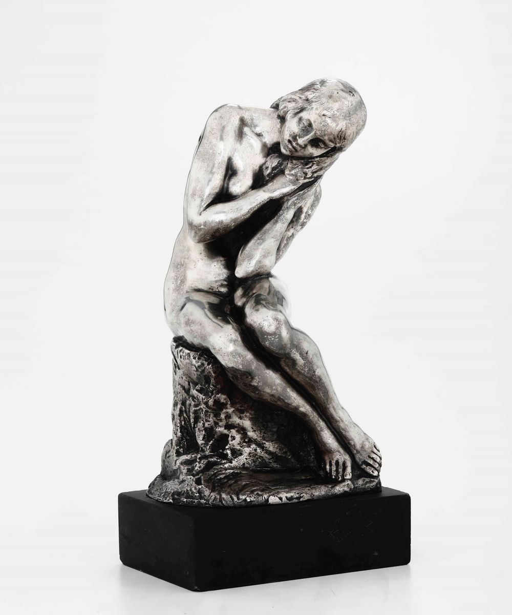 Figura Femminile Scultura in Argento Fuso e Base in Marmo Firmata Platania e Datata 1947
