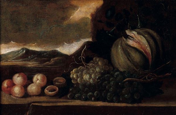 Scuola italiana del XVIII secolo Natura morta con zucca e grappoli d'uva