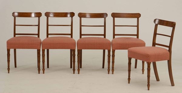 Nove sedie in mogano con schienali diversi in noce, ciliegio e mogano. XIX secolo