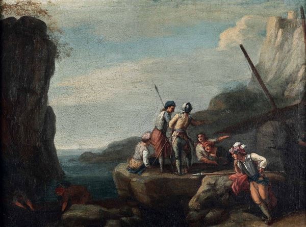 Jacob de Heusch - Jacob de Heusch (Utrecht 1656- Amsterdam 1701) Veduta costiera con soldati