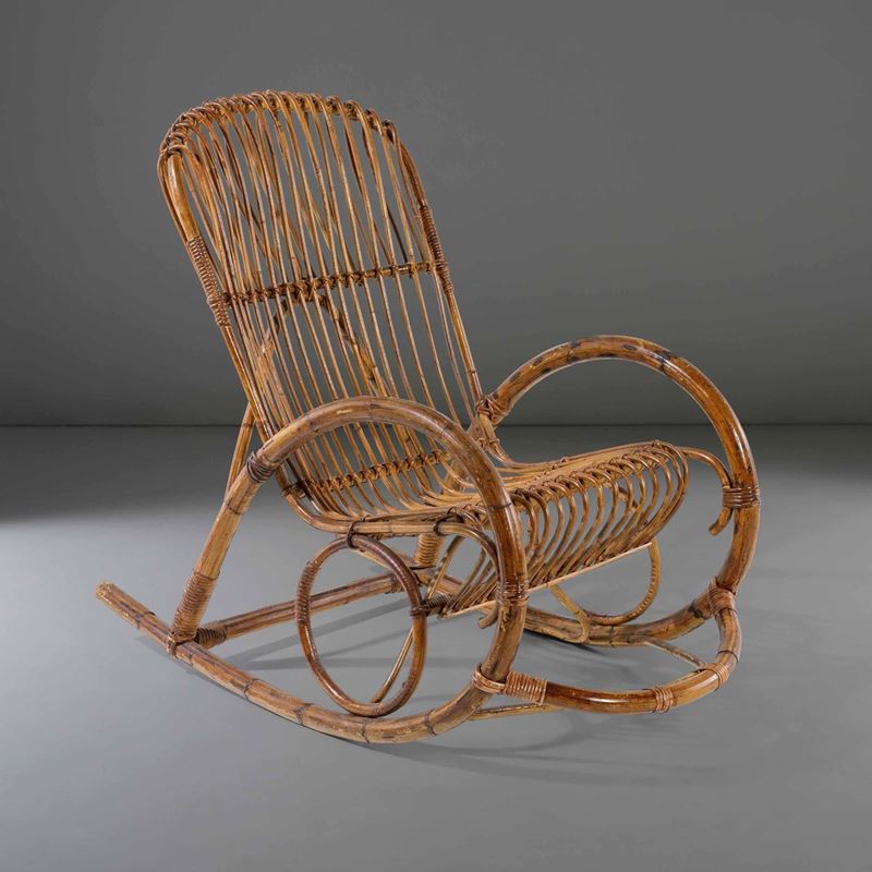 Sedia a dondolo con struttura in bamboo, rattan e malacca.  - Auction PopUp Design - Cambi Casa d'Aste