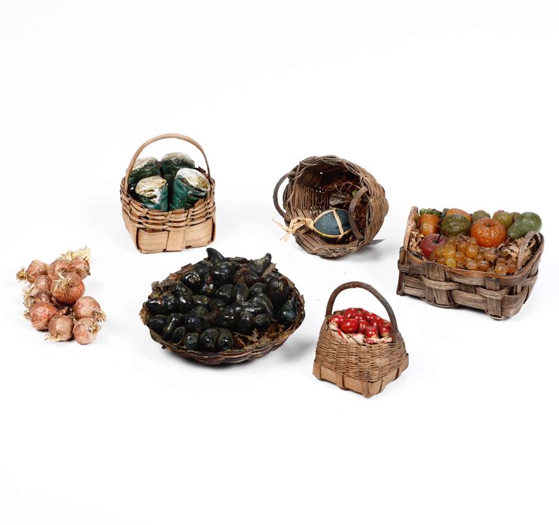 Sei ceste di frutta e verdura per statuine da presepe.  Napoli XIX secolo  - Auction Neapolitan crib | Cambi Time - I - Cambi Casa d'Aste
