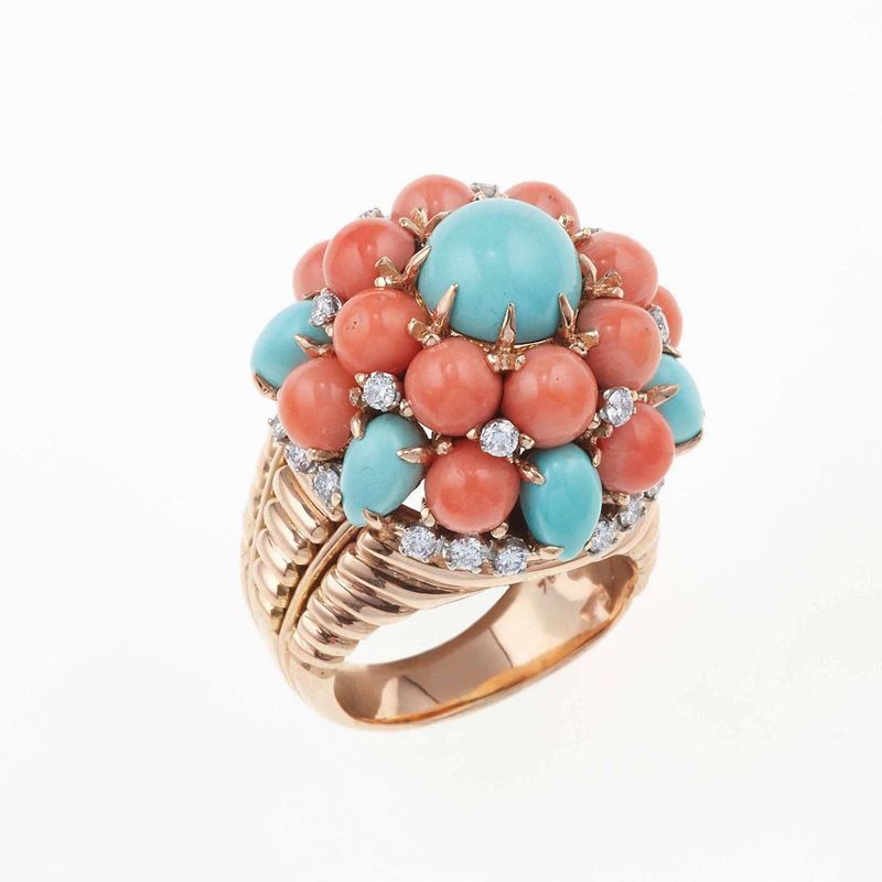 Bulgari. Anello con coralli, turchesi e diamanti  - Auction Fine Coral Jewels - II - Cambi Casa d'Aste