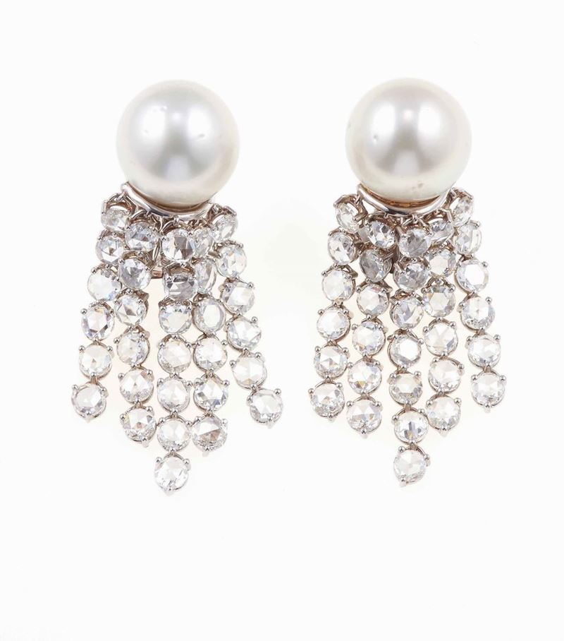 Pair of cultured pearl and rose-cut diamond earrings. Signed Bulgari  - Auction Fine Jewels - Cambi Casa d'Aste