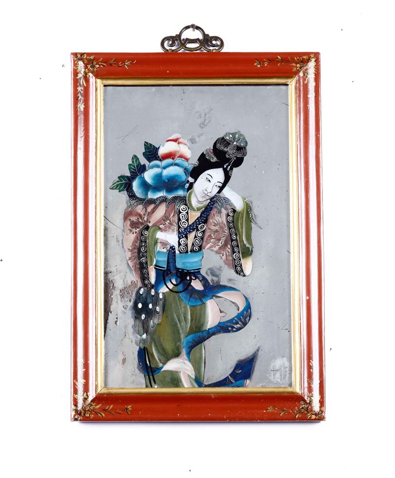 Dipinto su specchio raffigurante fanciulla con fiori, Cina, XX secolo  - Asta Asian Art - Cambi Casa d'Aste