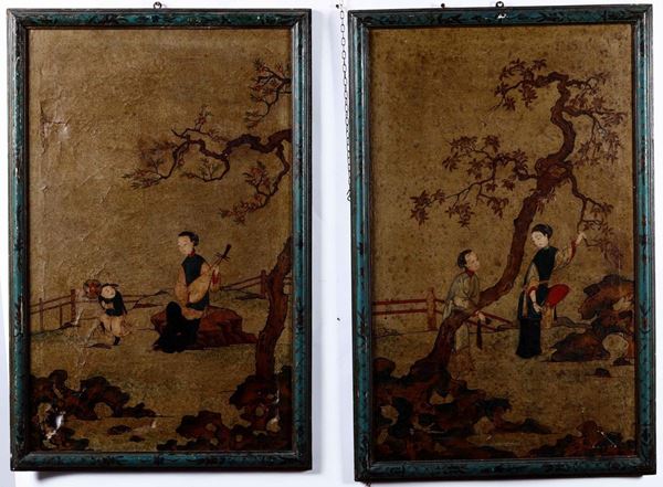 Coppia di dipinti su carta raffiguranti scene di vita comune con fanciulle e bambino, Cina, Dinastia Qing, XIX secolo