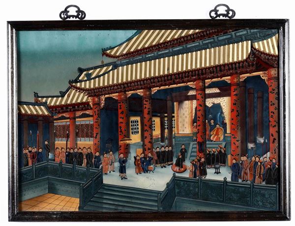 Dipinto su vetro raffigurante cerimoniale alla corte dell'imperatore, Cina, Dinastia Qing, XIX secolo