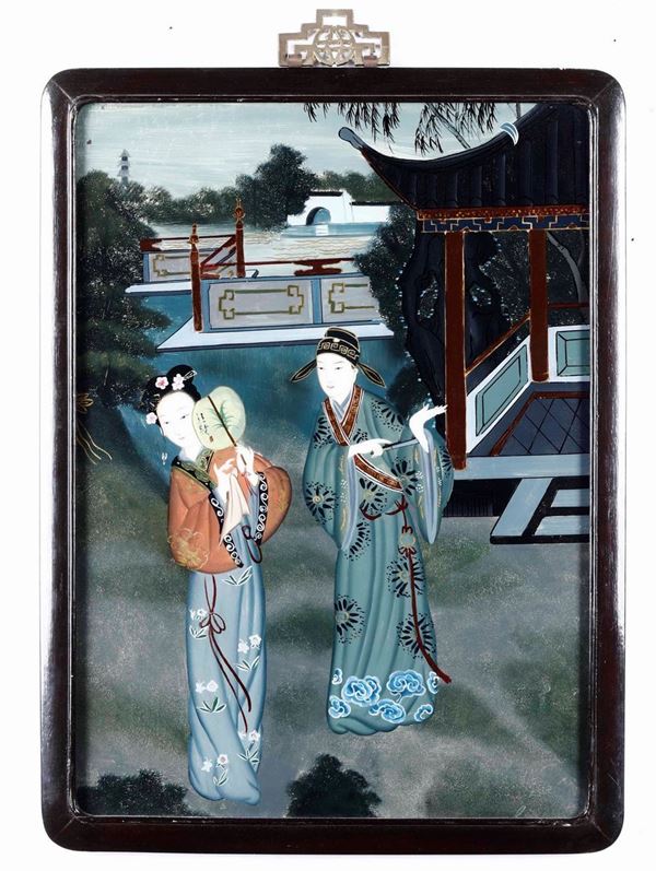 Sei dipinti su vetro raffiguranti scene di vita comune con fanciulle, Cina, Dinastia Qing, XIX secolo