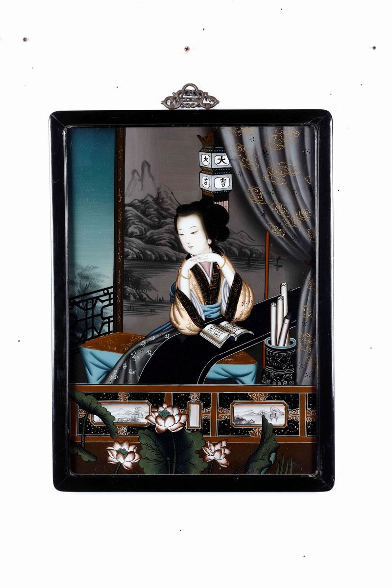 Sei Dipinti su Vetro Raffiguranti Scene di Vita Comune con Fanciulle, Cina, Dinastia Qing, XIX Se...