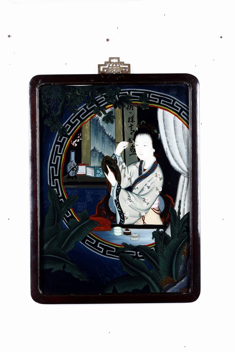 Sei Dipinti su Vetro Raffiguranti Scene di Vita Comune con Fanciulle, Cina, Dinastia Qing, XIX Se...
