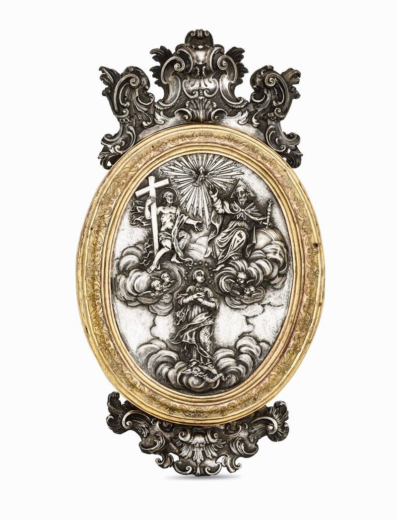 Madonna Assunta in cielo Argento sbalzato e cesellato Cornice in rame sbalzato, cesellato e dorato Arte barocca del XVIII secolo, probabilmente Napoli (apparentemente priva di punzonatura)  - Auction Collectors' Silvers - I - Cambi Casa d'Aste
