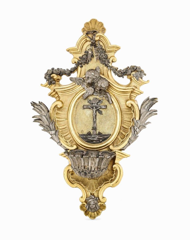 Acquasantiera Rame dorato e argento fuso, sbalzato e cesellato Oreficeria barocca italiana del XVIII secolo  - Auction Collectors' Silvers - I - Cambi Casa d'Aste