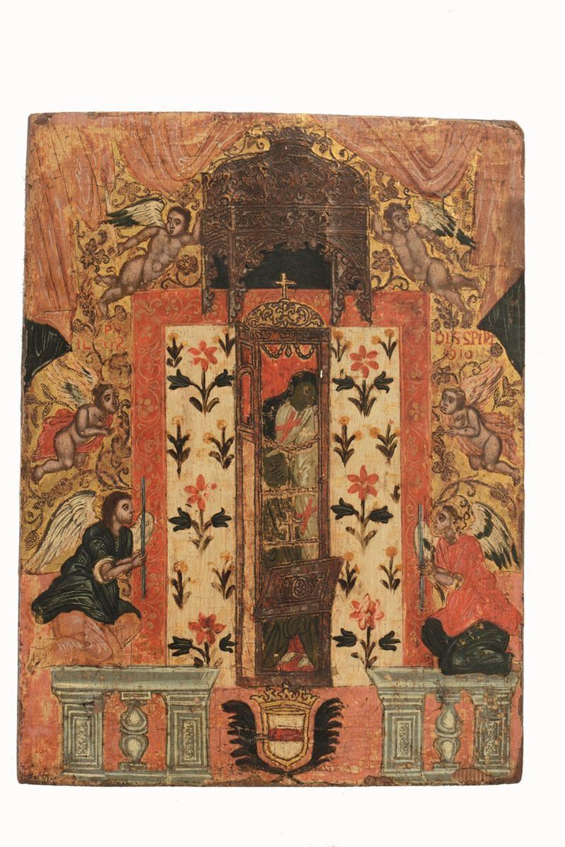 Scuola Veneto-Cretese del XVII secolo Tumulazione di Santo crociato  - tempera su tavola - Asta Dipinti Antichi - I - Cambi Casa d'Aste