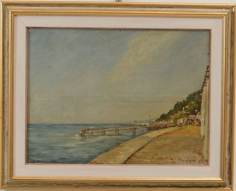 Vittorio Bergagna : Vittorio Bergagna (1884 - 1965) Spiaggia con pontile  - Auction 19th-20th century paintings - Cambi Casa d'Aste