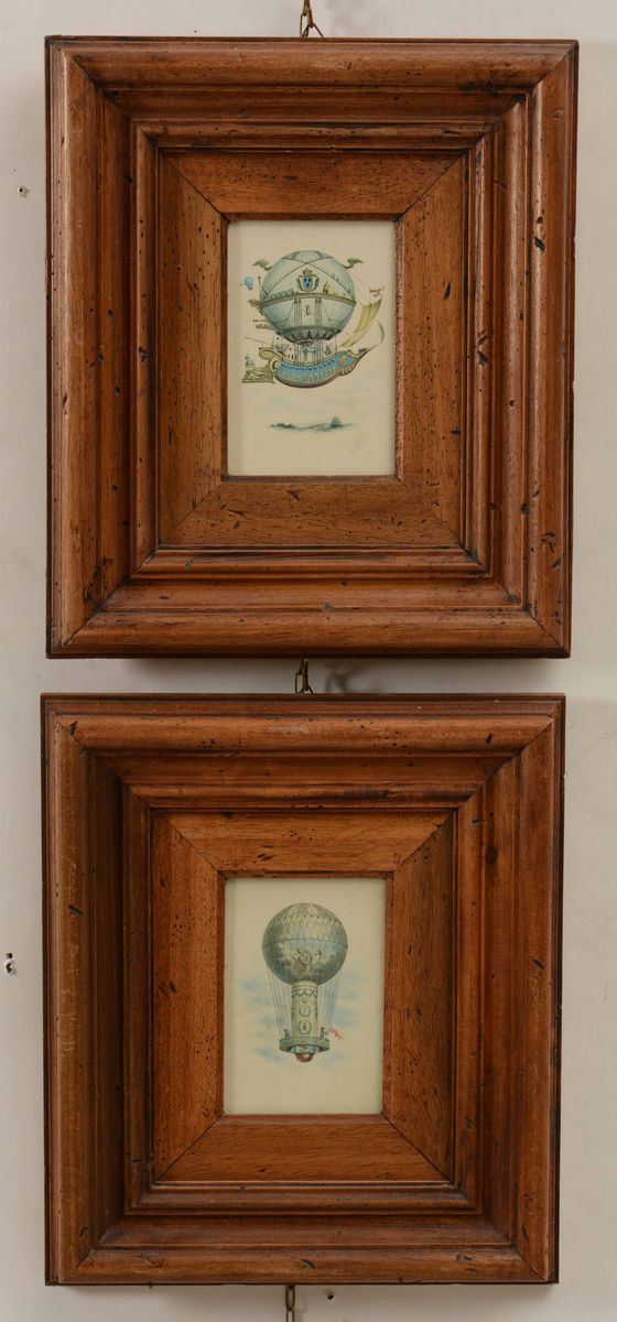 Due raffigurazioni di mongolfiere entro cornici  - Auction Antiques | Timed Auction - Cambi Casa d'Aste