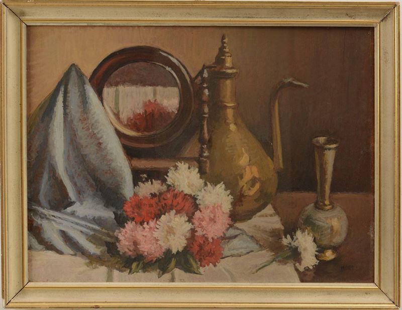 Anonimo Natura morta con fiori, specchio e vasi  - Asta Dipinti del XIX e XX secolo | Cambi Time - Cambi Casa d'Aste