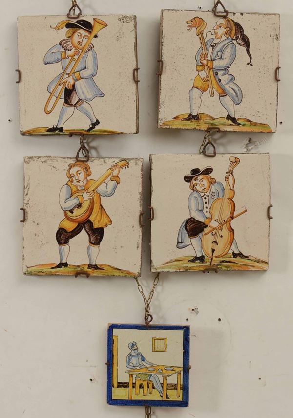Quattro piastrelle con musicisti Probabilmente Campania, XIX secolo