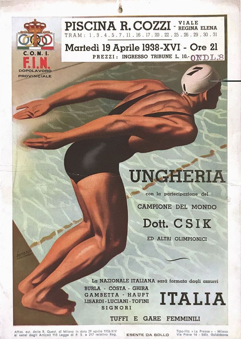 Gino Boccasile (1901-1952) C.O.N.I.   F.I.N. / PISCINA R.COZZI - UNGHERIA-ITALIA&  - Asta Manifesti | Cambi Time - Cambi Casa d'Aste
