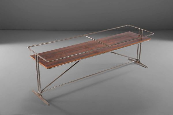 Base per tavolo da lavoro in metallo con piano inferiore in legno di palissandro.