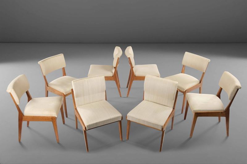 Set di due poltroncine e sei sedie con struttura in legno e con rivestimenti in tessuto.  - Auction PopUp Design - Cambi Casa d'Aste