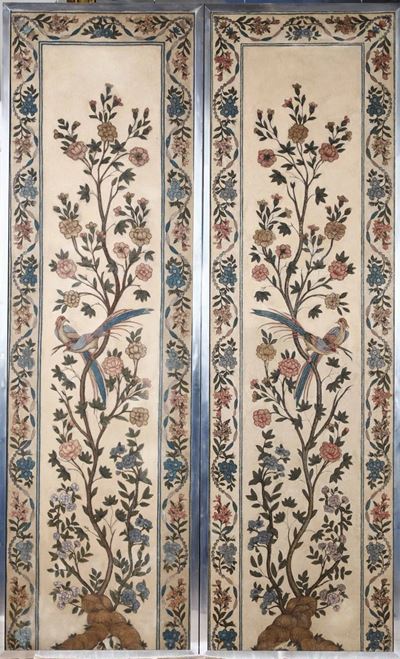 Serie di cinque pannelli, tempera su tela, dipinti a cineserie, Piemonte, XVIII secolo