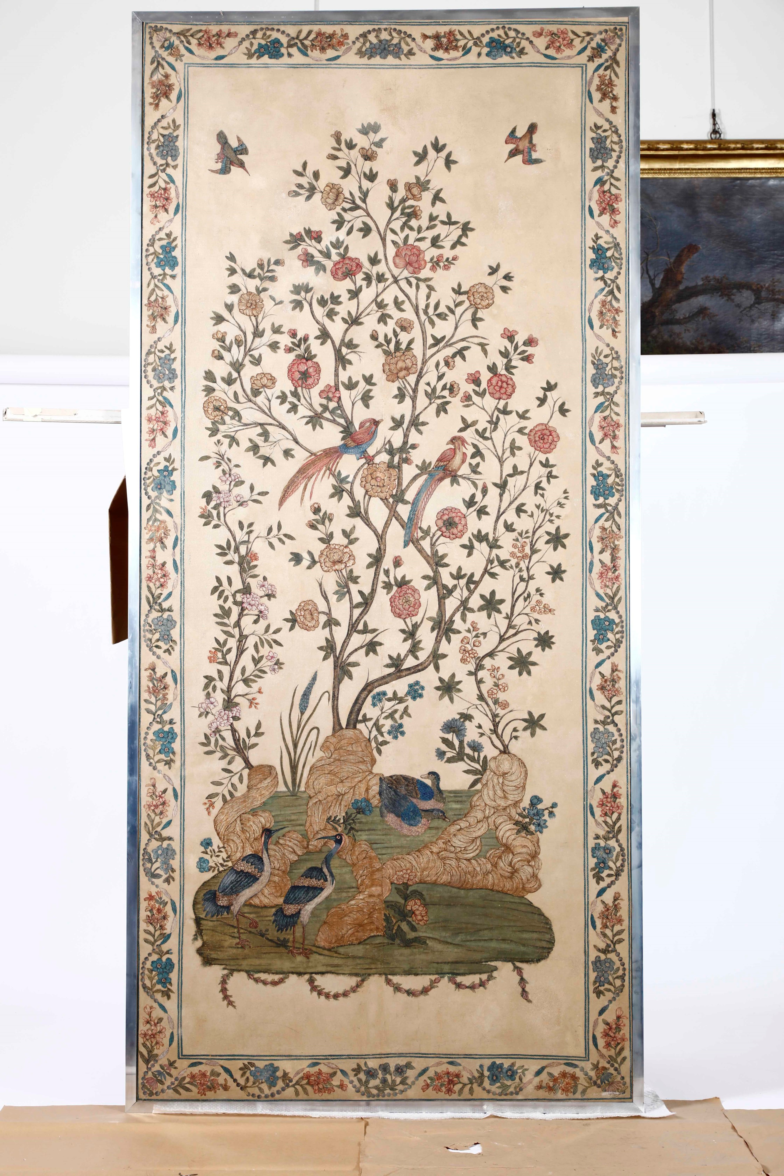 Serie di cinque pannelli, tempera su tela, dipinti a cineserie, Piemonte, XVIII secolo