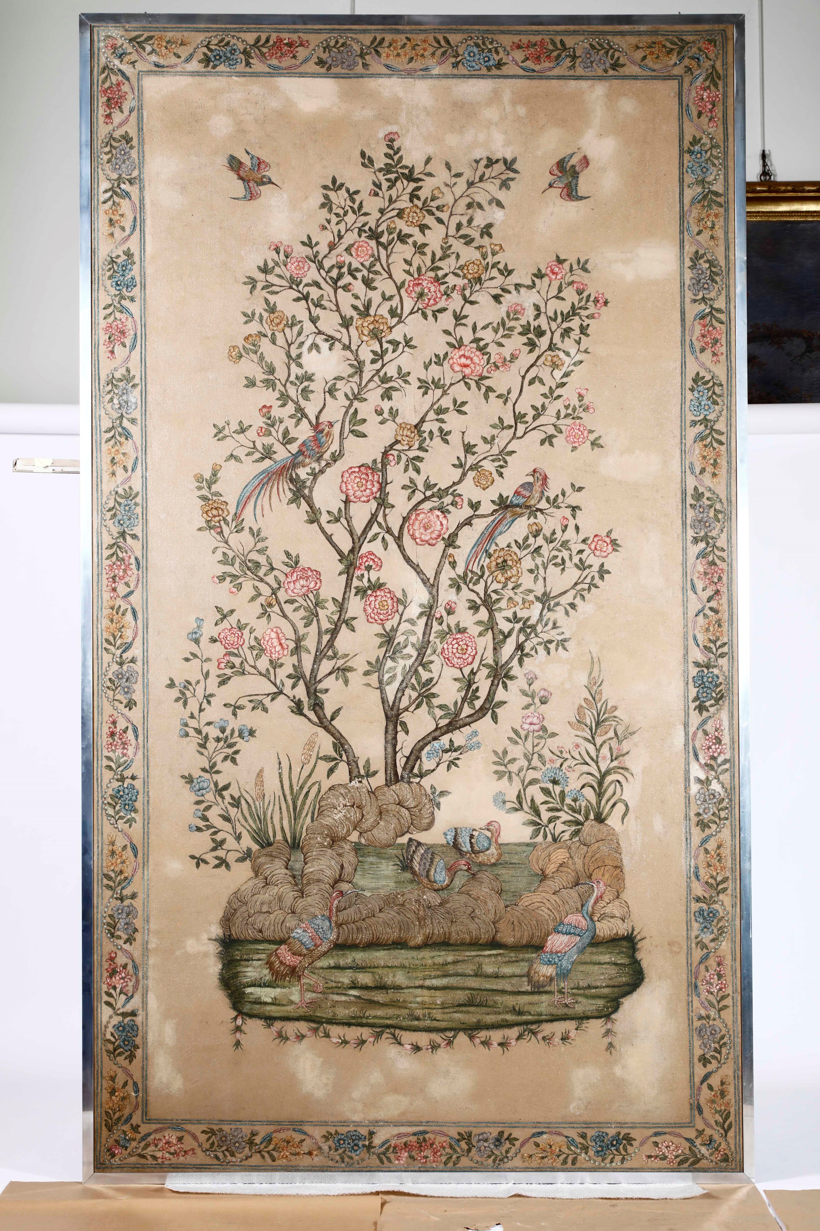 Serie di cinque pannelli, tempera su tela, dipinti a cineserie, Piemonte, XVIII secolo