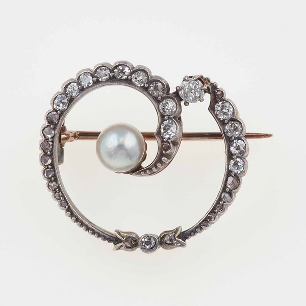 Pearl, old-cut diamond, gold and silver brooch