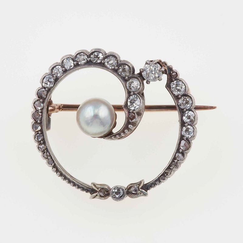 Pearl, old-cut diamond, gold and silver brooch  - Auction Vintage Jewellery - Cambi Casa d'Aste