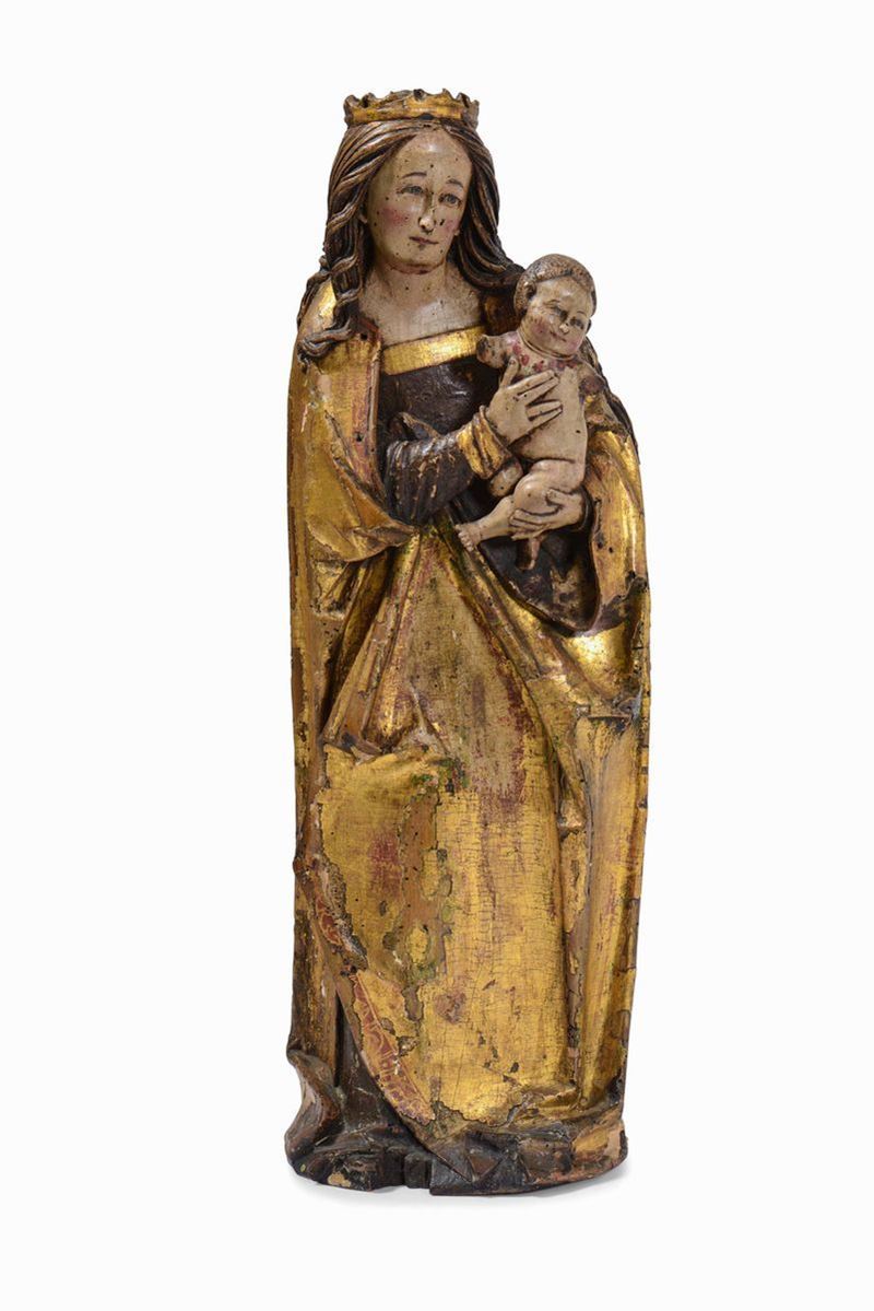 Madonna con Bambino Legno policromo e dorato Sud della Germania XVI secolo  - Asta Scultura e Oggetti d'Arte - Cambi Casa d'Aste