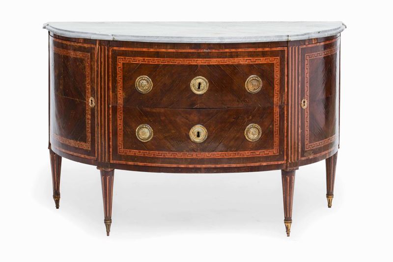 Cassettone Luigi XVI demie lune lastronato ed intarsiato, Piemonte fine XVIII secolo  - Auction Works and furnishings from Lombard collections and other provinces - Cambi Casa d'Aste