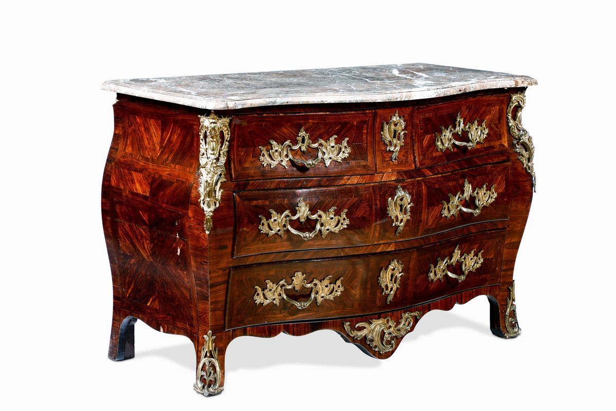 Commode Luigi XV Lastronato in Violetto con Applicazioni di Bronzi Dorati, Stampigliato Coulon, F...