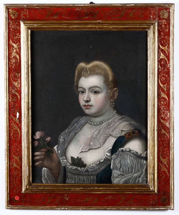 Scuola del nord Europa del XVII secolo Ritratto di giovane donna con fiori e monili in perle