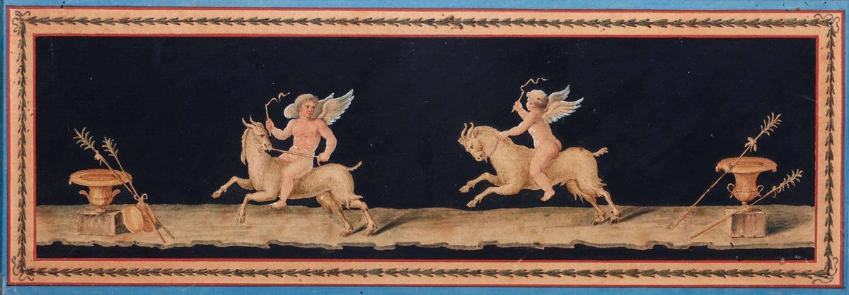 Sei Pannelli Raffiguranti Grottesche e Figure Pompeiane, XIX-XX Secolo