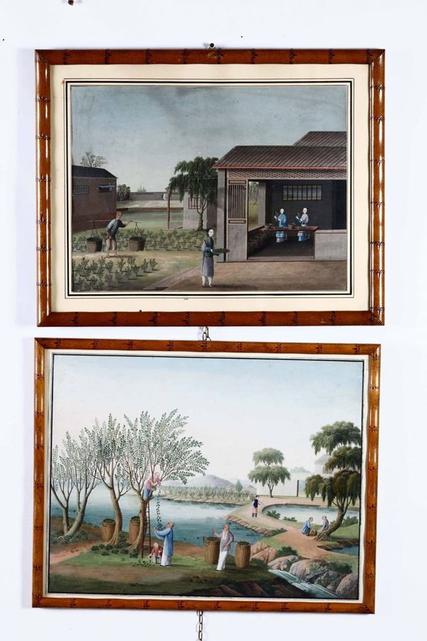 Due dipinti su carta raffiguranti scene di via comune con contadini, Cina, Dinastia Qing, XIX secolo