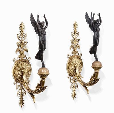 Coppia di Appliques in Bronzo Dorato e Patinato, XIX Secolo