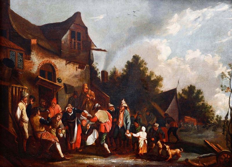 Jan Steen (Leida 1626-1679), scuola di Scena di genere con festa contadina  - Asta Opere e arredi da collezioni lombarde e altre provenienze - Cambi Casa d'Aste