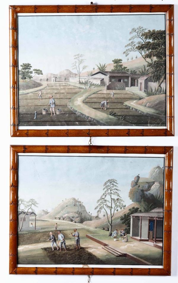 Due dipinti su carta raffiguranti scene di vita comune con contadini, Cina, Dinastia Qing, XIX secolo