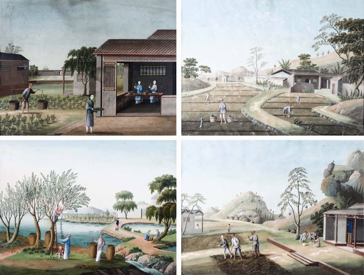 Due Dipinti su Carta Raffiguranti Scene di Vita Comune con Contadini, Cina, Dinastia Qing, XIX Se...