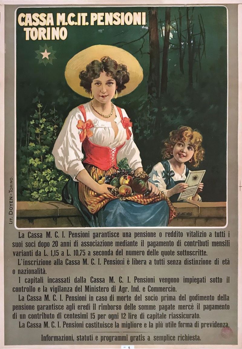 Leonida Edel (1864-1940) CASSA PENSIONI TORINO  - Auction Posters - Cambi Casa d'Aste