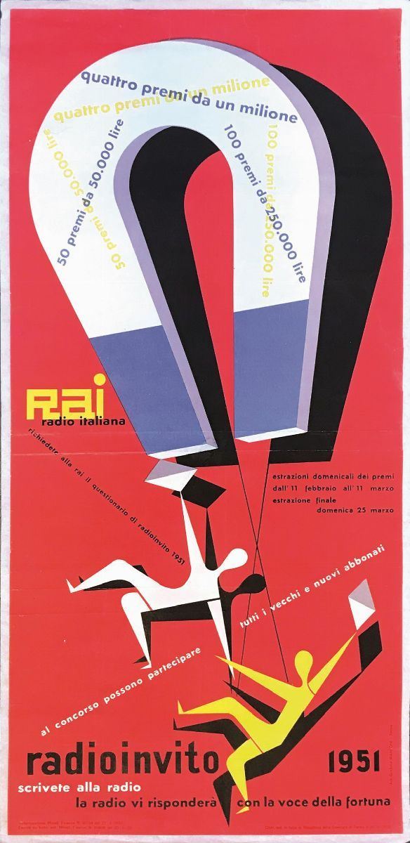 Erberto Carboni (1899   1984) QUATTRO PREMI DA UN MILIONE / RAI RADIO ITALIANA / RADIOINVITO 1951  - Auction Posters - Cambi Casa d'Aste